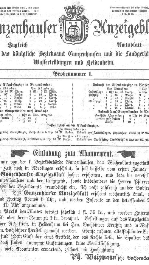 So sah die erste Ausgabe des "Gunzenhauser Anzeigenblatts" im Dezember 1863 aus. Herausgegeben wurde das Blatt von Philipp Waizmann.
