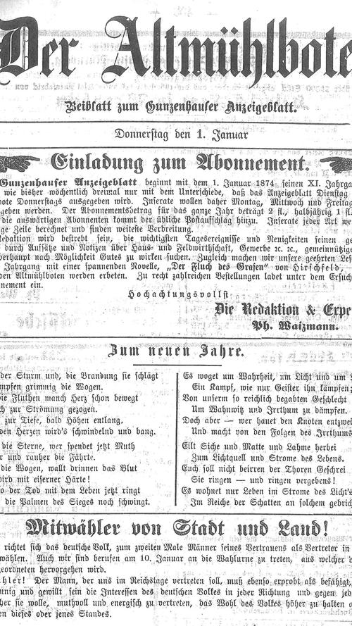 Ab 1873 erschien im "Gunzenhauser Anzeigenblatt" eine neue Beilage namens "Der Altmühlbote", die sich mehr den politischen Ereignissen und den großen Zeitfragen widmete.