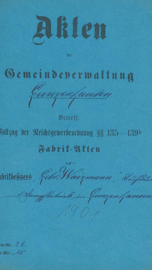 Die wichtigen Daten der Unternehmen wurden im Gunzenhäuser Rathaus in sogenannte Fabrikakten gesammelt. Die Akte zur Zeitungsdruckerei von Philipp Waizmann stammt aus dem Jahr 1901. Damals zog die Druckerei in ihr neues Domizil in der Sonnenstraße 8.