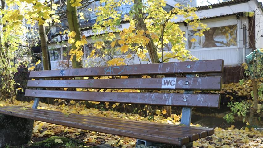 14. November: Rund um die Wöhrder Wiese finden müde Spaziergänger ein ruhiges Plätzchen zum Sitzen. Der Künstler, der dieses Exemplar verschönern wollte, hat da aber wohl etwas verwechselt...