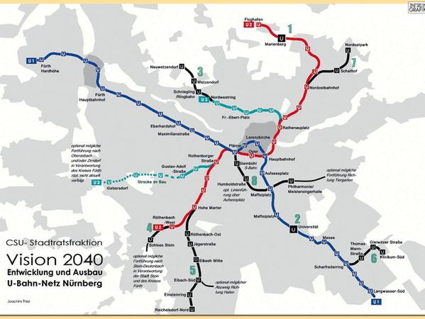 Die blaue, rote und türkise Linie zeigt die aktuellen Verbindungen der U-Bahn, die gepunktete die im Bau befindliche, die schwarze die von der CSU gewünschten.