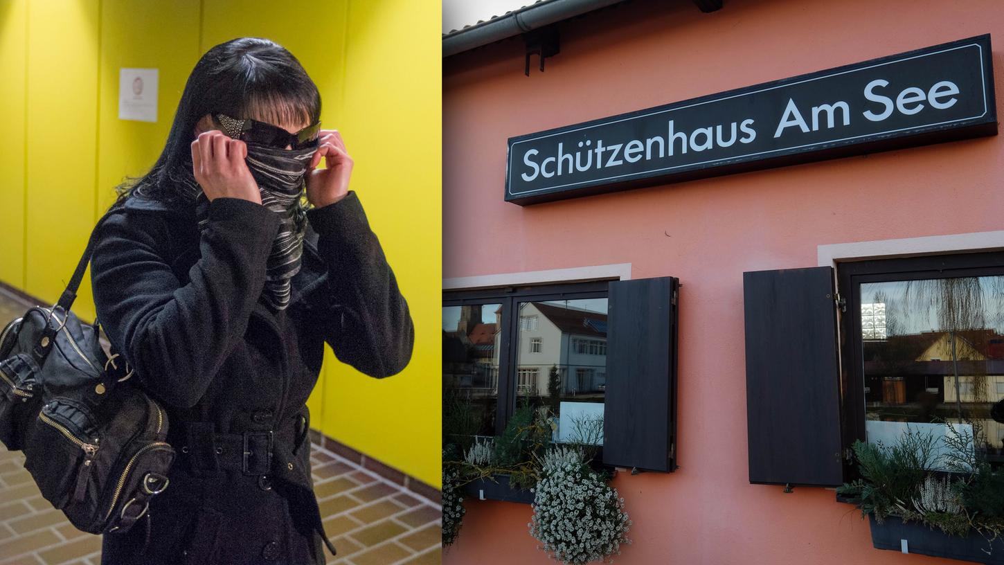 Im Münchner NSU-Prozess gegen Beate Zschäpe musste die Frisörin im Jahr 2014 als "Szene-Zeugin" aussagen. Sie erschien mit dunkler Sonnebrille und einem Tuch vor dem Gesicht. Rechts ist das Schützenhaus zu sehen.