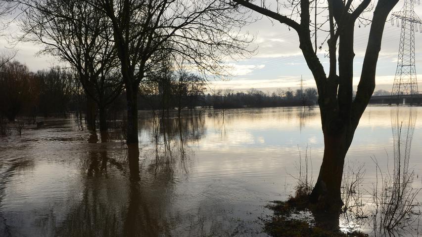 Der Regnitzgrund in Erlangen ist am Samstag weitestgehend überschwemmt gewesen. Der höchste Pegelstand wurde gegen Mittag mit 4,20 Meter erreicht. Ein Durchkommen war nur für ganz Mutige noch möglich. Dabei waren allerdings nasse Beine bis hinauf zu den Knien das Ergebnis.