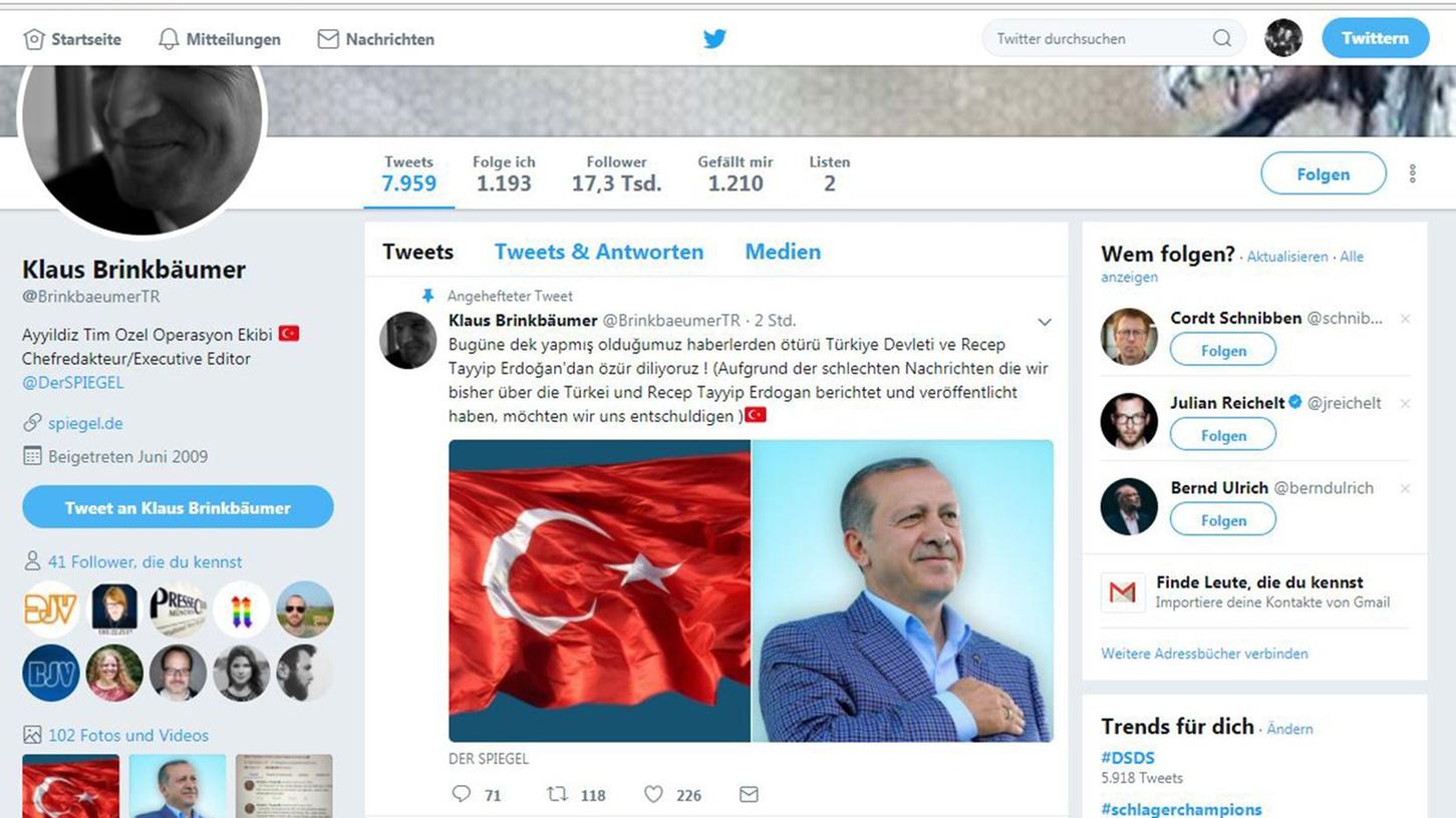 Der Screenshot zeigt den gehackten Twitteraccount von "Spiegel"-Chefredakteur Klaus Brinkbäumer.