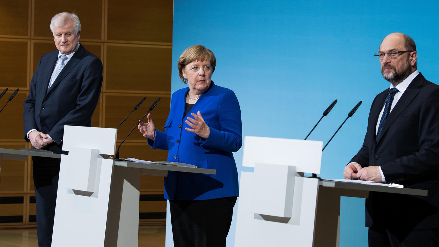 Horst Seehofer, Angela Merkel und Martin Schulz beim Abschluss der Sondierungsgespräche für eine mögliche Neuauflage der Großen Koalition.