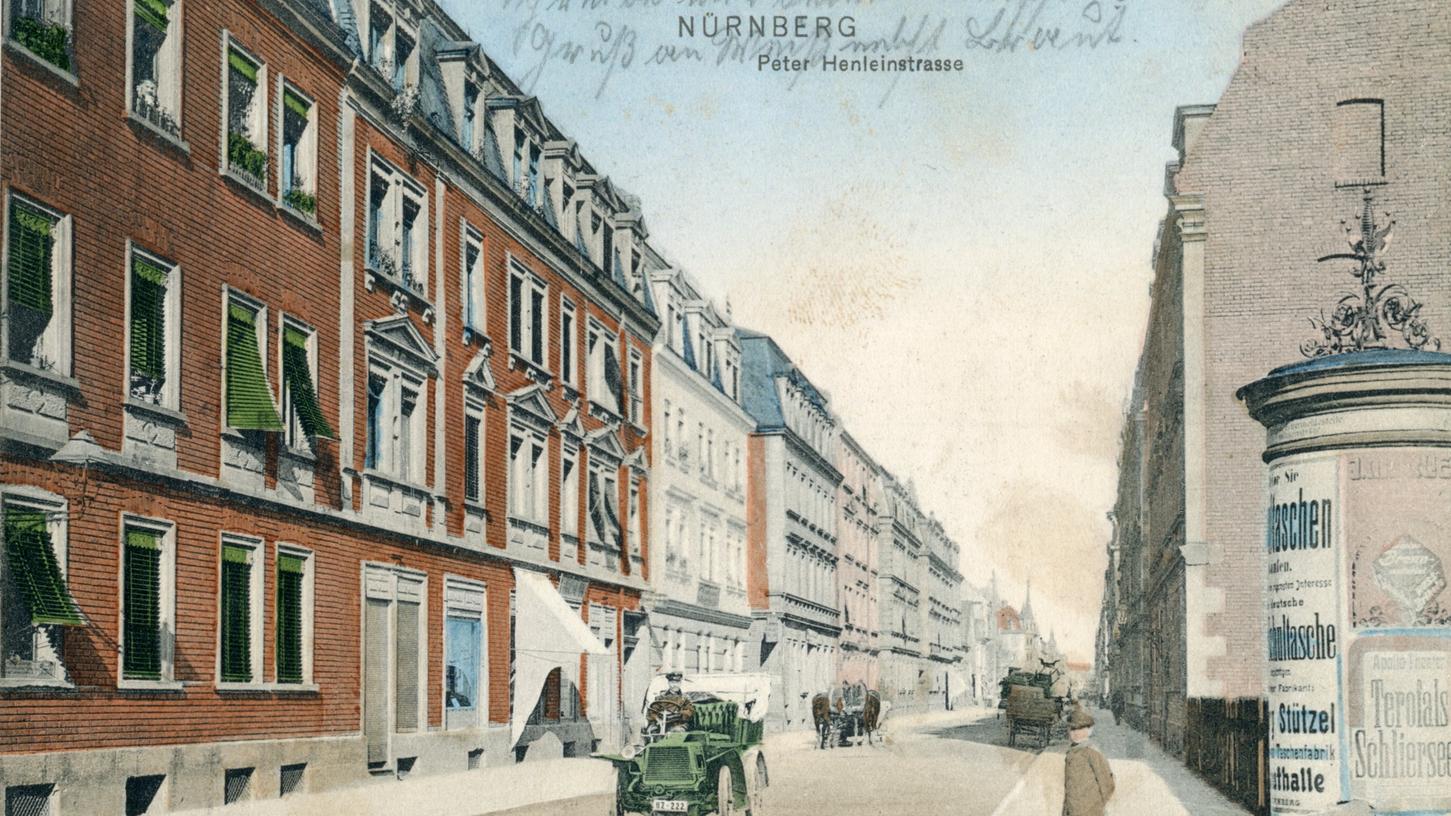 Die Peter-Henlein-Straße zwischen Wiesen- und Gugelstraße – noch im Kleid des späten Klassizismus zwischen 1906 und 1911.