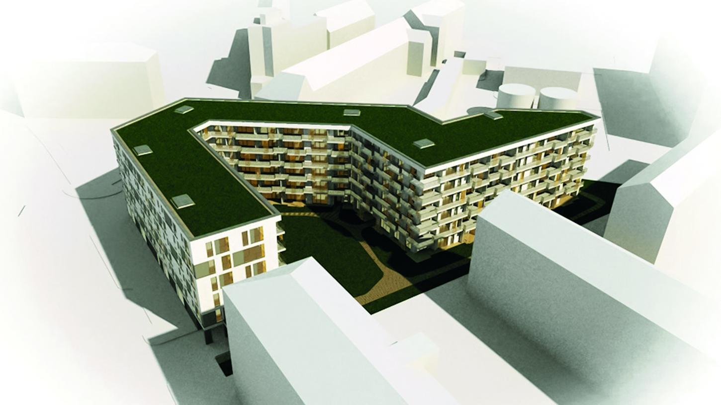 199 Wohnungen, eine Tiefgarage, ein Innenhof und mehrere Gewerbeflächen: So sehen die Pläne des Büros Grassinger Emrich aus München aus.