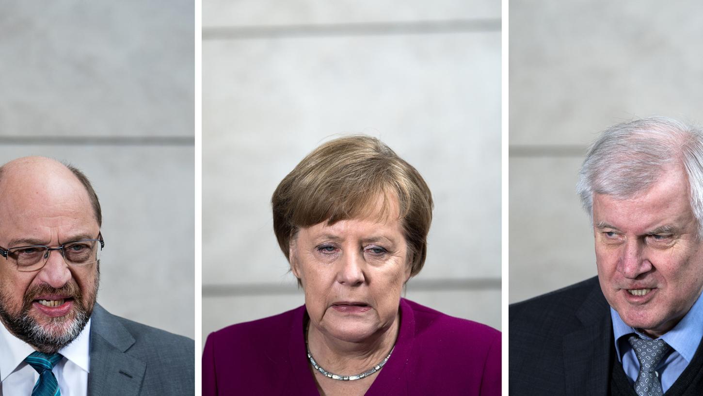 Martin Schulz, SPD-Parteivorsitzender, Angela Merkel, Bundeskanzlerin und Vorsitzende der CDU, und Horst Seehofer, Ministerpräsident von Bayern und CSU, zeigten sich beim Endspurt der GroKo-Verhandlungen vorsichtig optimistisch. Dennoch herrscht noch viel Uneinigkeit.