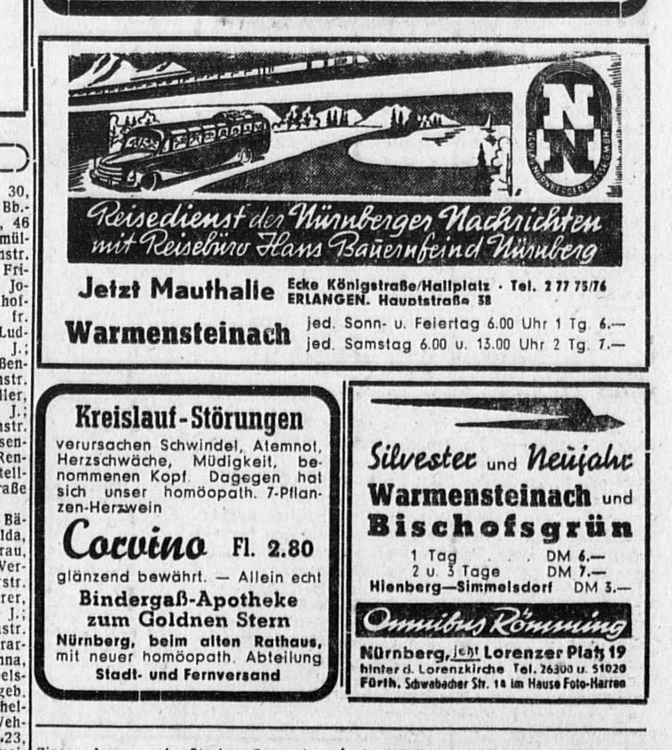 Nicht nur mit dem Zug gelangten die Skifahrer nach Warmensteinach. Am Wochenende fuhren auch Dutzende Bussen gen Fichtelgebirge, wie dieses Angebot der Nürnberger Nachrichten aus dem Jahr 1953 belegt.