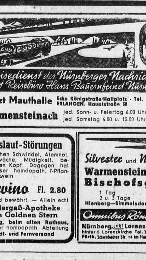 Nicht nur mit dem Zug gelangten die Skifahrer nach Warmensteinach. Am Wochenende fuhren auch Dutzende Bussen gen Fichtelgebirge, wie dieses Angebot der Nürnberger Nachrichten aus dem Jahr 1953 belegt.
