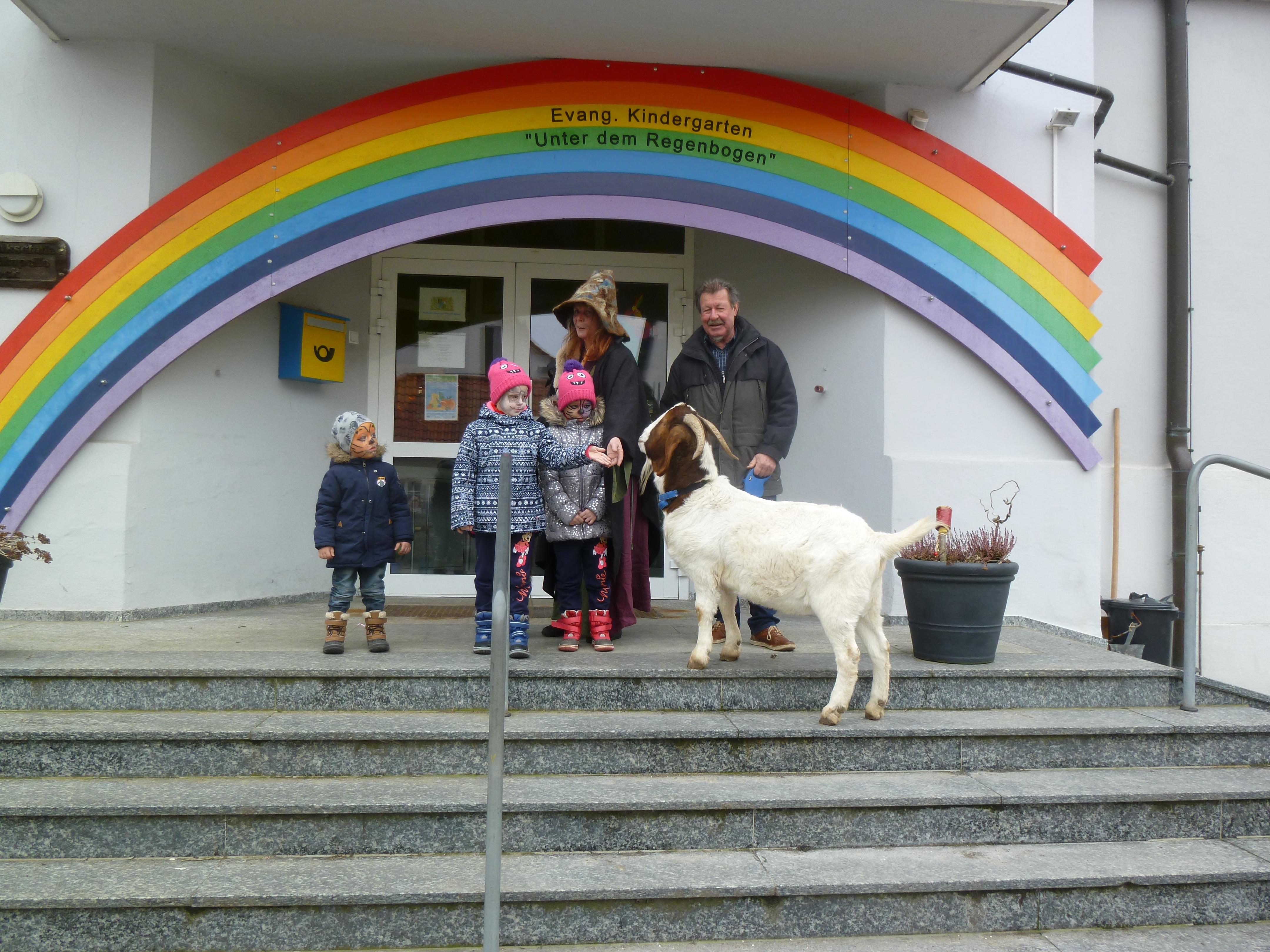 Petra Böhm als "Altmühltalgrundhexe Walburga" und Florian Wimmer vom Verein "Natur-Bewusst-Sein Altmühlfranken" haben mit ihrem Zeigenbock Xaver am Unsinnigen Donnerstag das Altersheim und den Kindergarten "Unter dem Regenbogen" besucht. Damit wollen sie zeigen, dass Tiere eine therapeutische Wirkung auf Menschen haben, und besonders dann wenn die Lebenssituation nicht mehr allein gemeistert werden kann. Dies ist ein Anliegen des Vereins, weshalb sie im Kindergarten Kinder erlebten, die erstmals, und das ohne Durcht, eine Ziege streicheln durften.