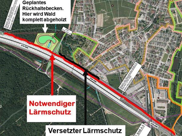 Diese Karte zeigt die Bürgerinitiative auf ihrer Webseite und ihren Flyern. Die schwarze Linie markiert den Lärmschutz, den die Autobahndirektion vorsieht. Die rote den, den die Fischbacher sich vorstellen.