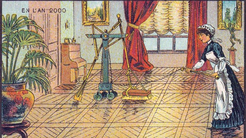 Künstler und Science-Fiction-Autoren stellten sich auch früh vor, wie Maschinen die Hausarbeit erleichtern. Anfang des 20. Jahrhunderts entstand diese Zeichnung von Jean-Marc Côté. Sie zeigt eine ferngesteuerte Kehr- und Wischmaschine.