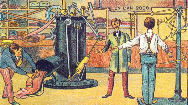 Wie wäre es denn, wenn eine Maschine aus den Vorstellungen eines Menschen ein Produkt macht? Französische Künstler fanden die Idee grandios und malten ihre Zukunftsvorstellungen für das Jahr 2000 zu Beginn des 20. Jahrhunderts auf Postkarten. Oft wurden sie zu selbsterfüllenden Prophezeiungen wie auch in diesem Fall.
