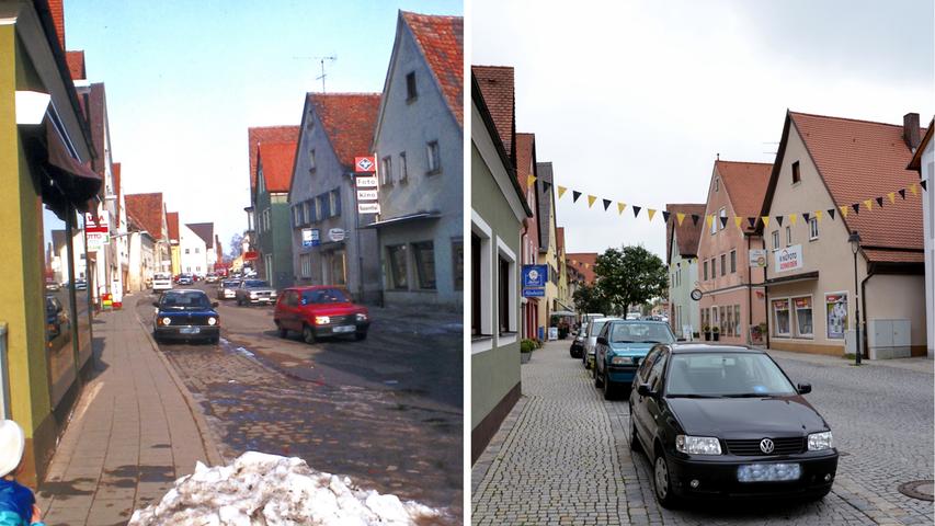 Der hintere Teil der Marktstraße vor etwa 35 Jahren und heute, zur Burgfestzeit.