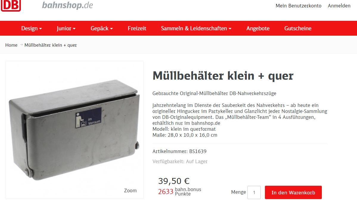 Im Onlineshop der Deutschen Bahn kann man sich ab 39,50 Euro einen gebrauchten Mülleimer aus einem Zug bestellen. Im Onlineshop der Deutschen Bahn kann man sich ab 39,50 Euro einen gebrauchten Mülleimer aus einem Zug bestellen.