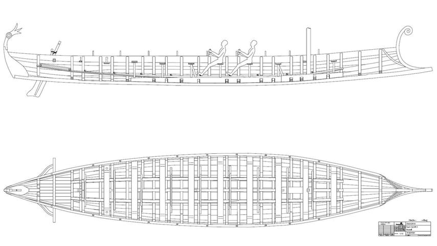 20 Mann werden Platz haben in dem 16 Meter langen und 2,5 Meter breiten Boot. Überlieferte Pläne oder Skizzen für den antiken Schiffsbau gibt es nicht. Darum hat Initiator und Historikprofessor Boris Dreyer eine Zeichnung anfertigen lassen.