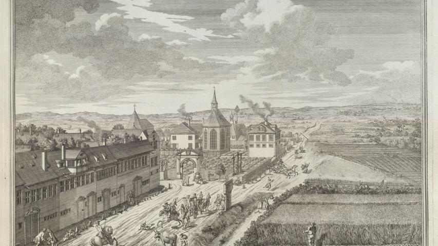 Der Nürnberger Johannisfriedhof von Osten, wie ihn Johann Adam Delsenbach 1717 zeigte. Zu sehen ist darauf auch die sechste, frei stehende Kreuzwegstation vor den Johannisfeldern.