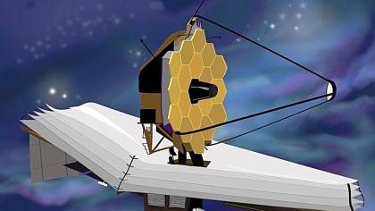 Diese Computeranimation zeigt das Weltraumteleskop James Webb, das 2021 endlich Hubble im All ablösen soll.