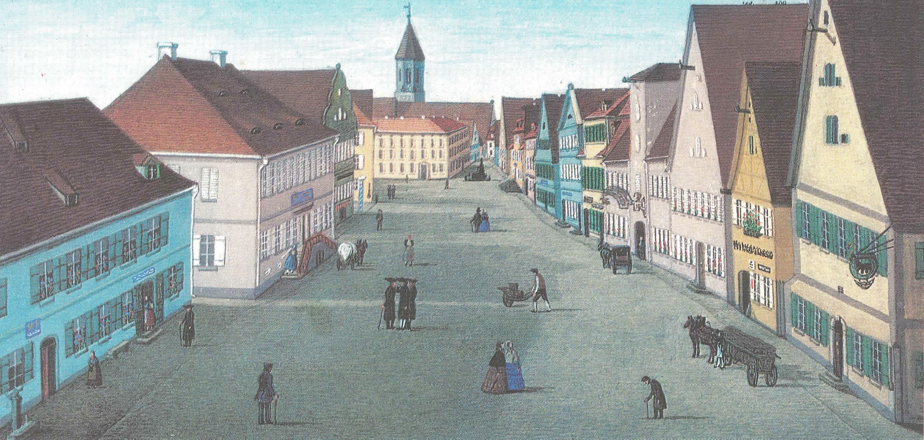 Etwa aus dem Jahr 1860 stammt diese Marktplatzansicht des Zeichenlehrers Gustav Lindner. Das dritte Haus auf der rechten Seite zeigt die älteste Gastwirtschaft der Altmühlstadt, den Gasthof Adlerbräu.