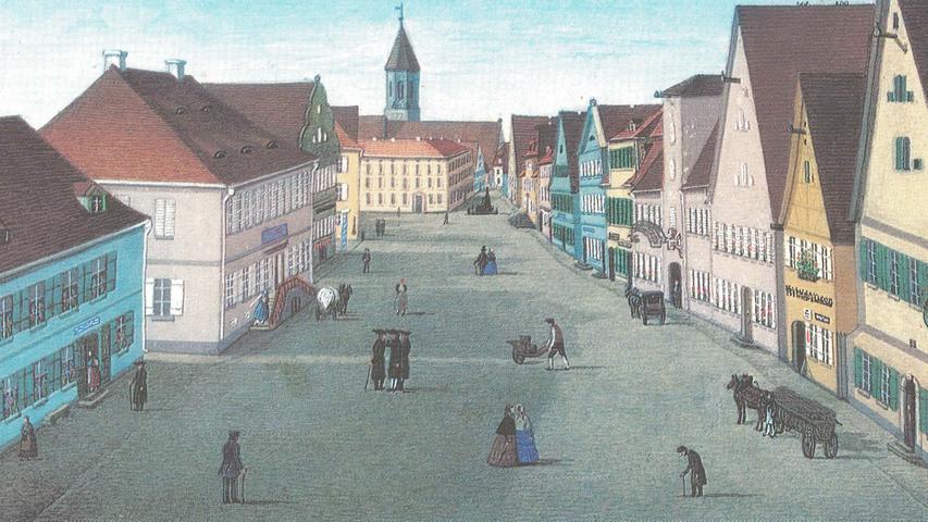 Etwa aus dem Jahr 1860 stammt diese Marktplatzansicht des Zeichenlehrers Gustav Lindner. Das dritte Haus auf der rechten Seite zeigt die älteste Gastwirtschaft der Altmühlstadt, den Gasthof Adlerbräu.