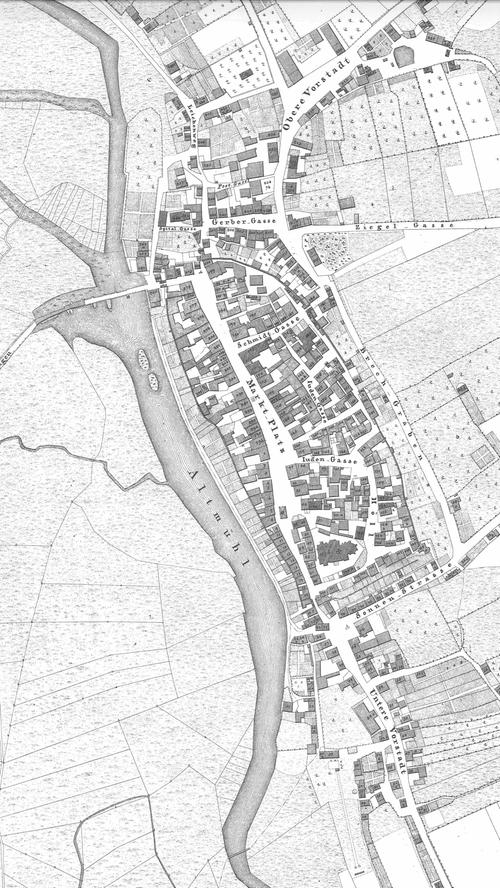Auf dem ältesten Stadtplan Gunzenhausens (1826/1827) ist schon die Dimension des Marktplatzes zu erkennen.