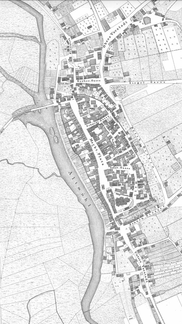 Auf dem ältesten Stadtplan Gunzenhausens (1826/1827) ist schon die Dimension des Marktplatzes zu erkennen.