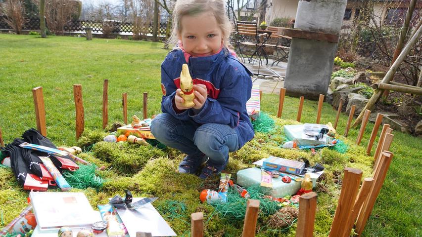 Dieses riesige Osternest in Omas Garten fand Selma zu ihrer großen Freude am Ostersonntag gut gefüllt vor.