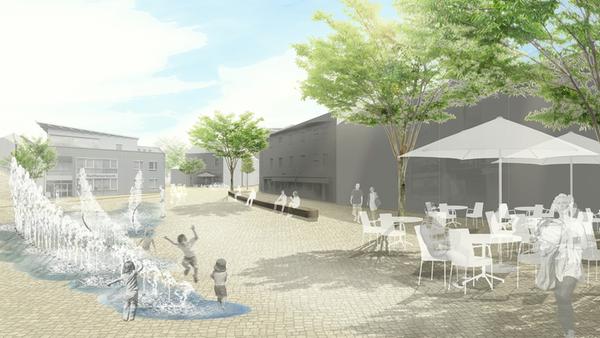 Und so soll der neue "Walli" einmal aussehen: Aus rund drei Dutzend Düsen sprudelt Wasser auf den Platz und lädt Groß und Klein zum Planschen ein. Die Bankreihe rechts im Hintergrund zeichnet den Verlauf der Gasse durch die frühere Bebauung nach.