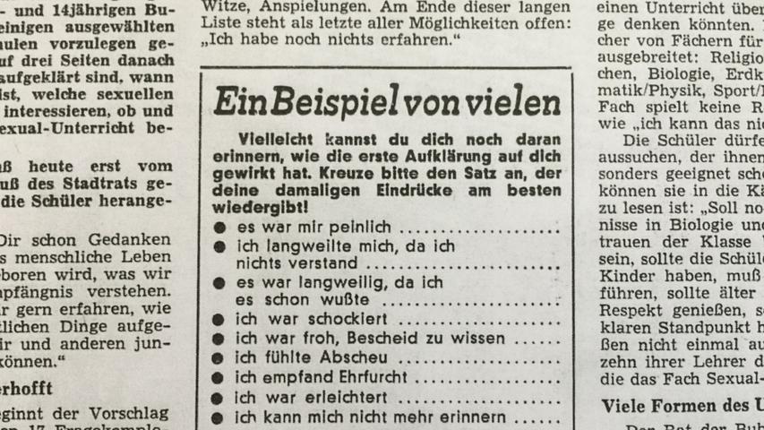 Tausend Nürnberger Schüler dürfen selbst mitentscheiden, wie die sexuelle Aufklärung an den Schulen aussehen soll.  Hier geht es zum Kalenderblatt vom 26. April 1968: Schüler gestalten Sex-Unterricht