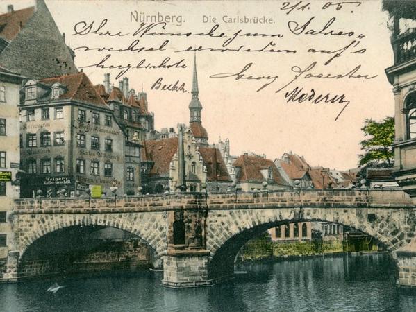 Ein anderer Blick der Zeit um 1905 von der „Liebesinsel“ im Osten des Trödelmarkts offenbart die volle Pracht der Oberen Karlsbrücke.
