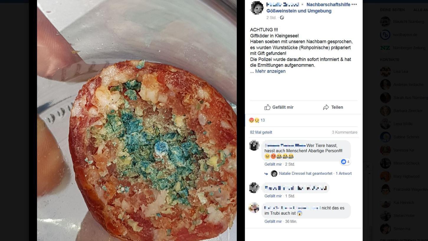 In Kleingesee wurde dieses präparierte Wurststück in einem Hausflur gefunden - auf Facebook zeigte eine Nutzerin ein Foto des mutmaßlichen Köders.