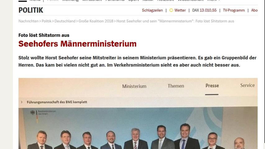 Der erste Aufreger: Der neue Innenminister Horst Seehofer besetzt die Führungsspitze seines Ressorts nur mit Männern.