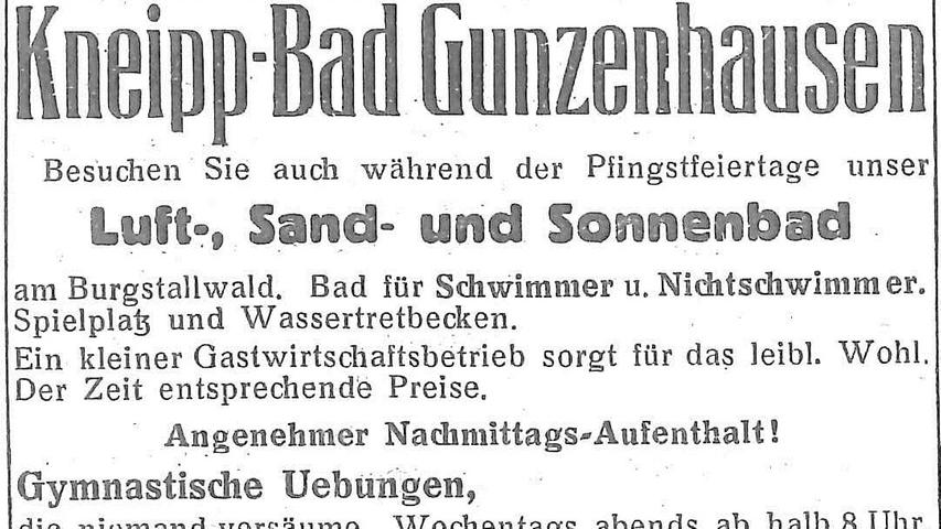 1932 weihte der Kneippverein Gunzenhausen sein Bad ein und schaltete so manche Werbeanzeige für die Einrichtung.