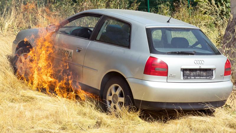 Sekundenschnell verursachte im Versuch ein heißer Katalysator diesen Böschungsbrand.