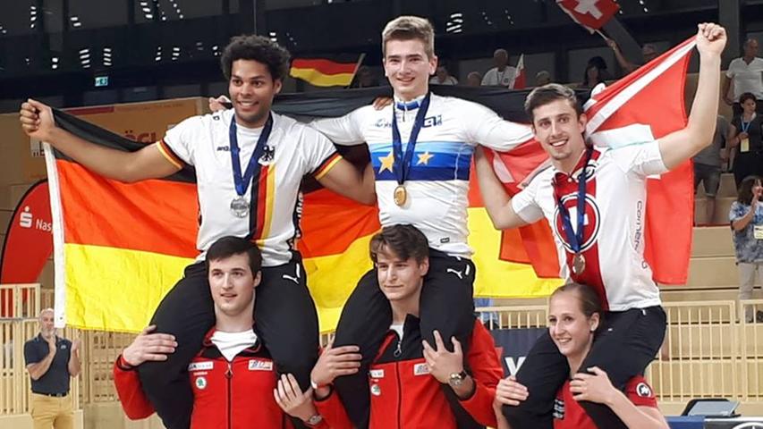 Juni 2018: Bei der erstmals ausgetragenen EM in Wiesbaden lässt sich Lukas Kohl neben Marcel Jüngling (li.) und Lukas Burri aus der Schweiz feiern.
