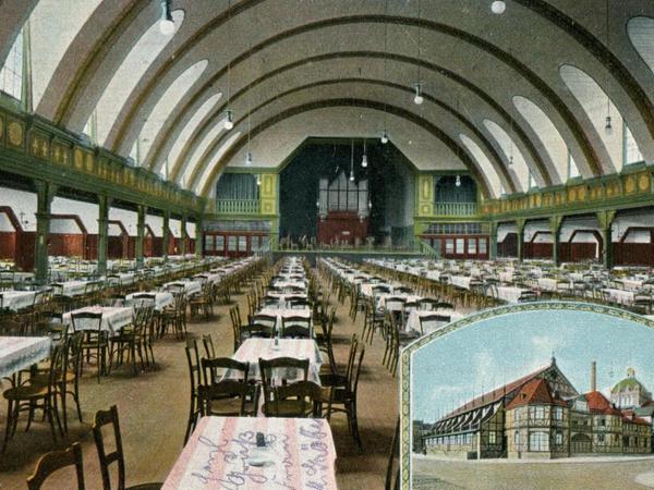 Der Saal des Hercules-Velodroms 1912, hier mit Bestuhlung. Ob die Orgel im Hintergrund auch spielte, wenn die Radler durch die Halle sausten, wissen wir nicht.