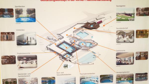 Einen Eindruck von der neuen Anordnung der Badbereiche der Altmühltherme gibt dieser Übersichtsplan, der im Eingangsbereich hängt.
