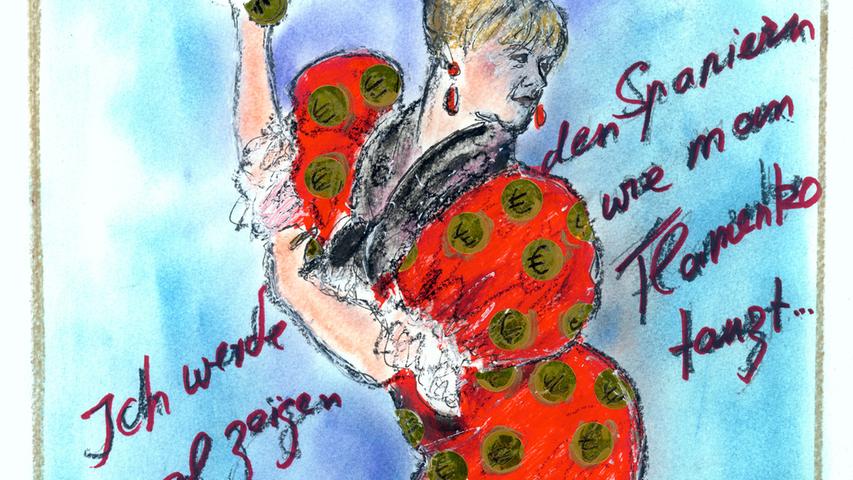 Der eigentliche Berufswunsch des Designers hatte ebenfalls mit Zeichnen zu tun, lag allerdings eher im Humoristischen. Der große Lagerfeld wollte einst Karikaturist werden. Aufgegeben hatte er seine Leidenschaft nicht, wie unter anderem diese Zeichnung aus dem Jahr 2013 für eine Ausgabe das Magazins der Frankfurter Allgemeinen beweist, auf der Angela Merkel als Flamenco-Tänzerin mit Euro-Zeichen auf dem Kleid zu sehen ist: "Ich werde den Spaniern mal zeigen, wie man Flamenco tanzt..." Lagerfelds Statement zu seiner nur selten zum Vorschein kommenden humoristischen Seite: "Ich kann nur deshalb keine Witze machen, weil ich ja selbst ein laufender Witz bin."
