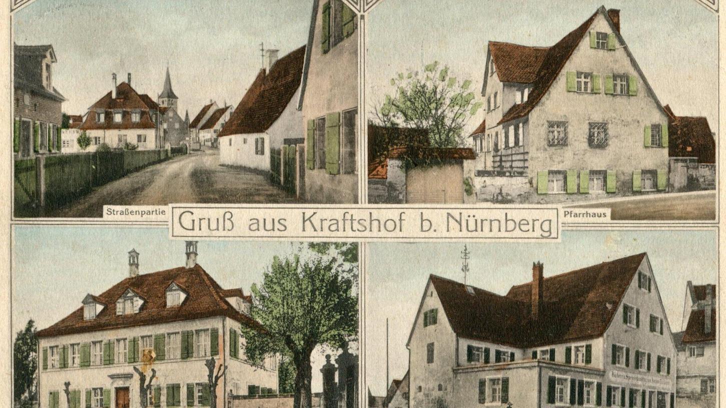 Vier Ansichten aus Kraftshof um 1915, von links oben nach rechts unten: die Kraftshofer Hauptstraße am Kindergarten, der Pfarrhof, der Kreß’sche Herrensitz und das Anwesen Kraftshofer Hauptstraße 172.