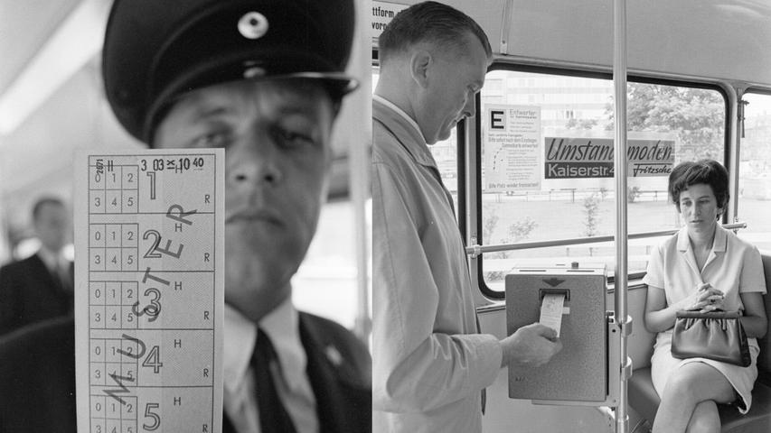 So wird’s gemacht: Streifenkarte einstecken und Klingelzeichen abwarten (rechts). Links: die gestempelte Streifenkarte. Hier geht es zum Kalenderblatt vom 4. September 1968: „Eiserne Schaffner“