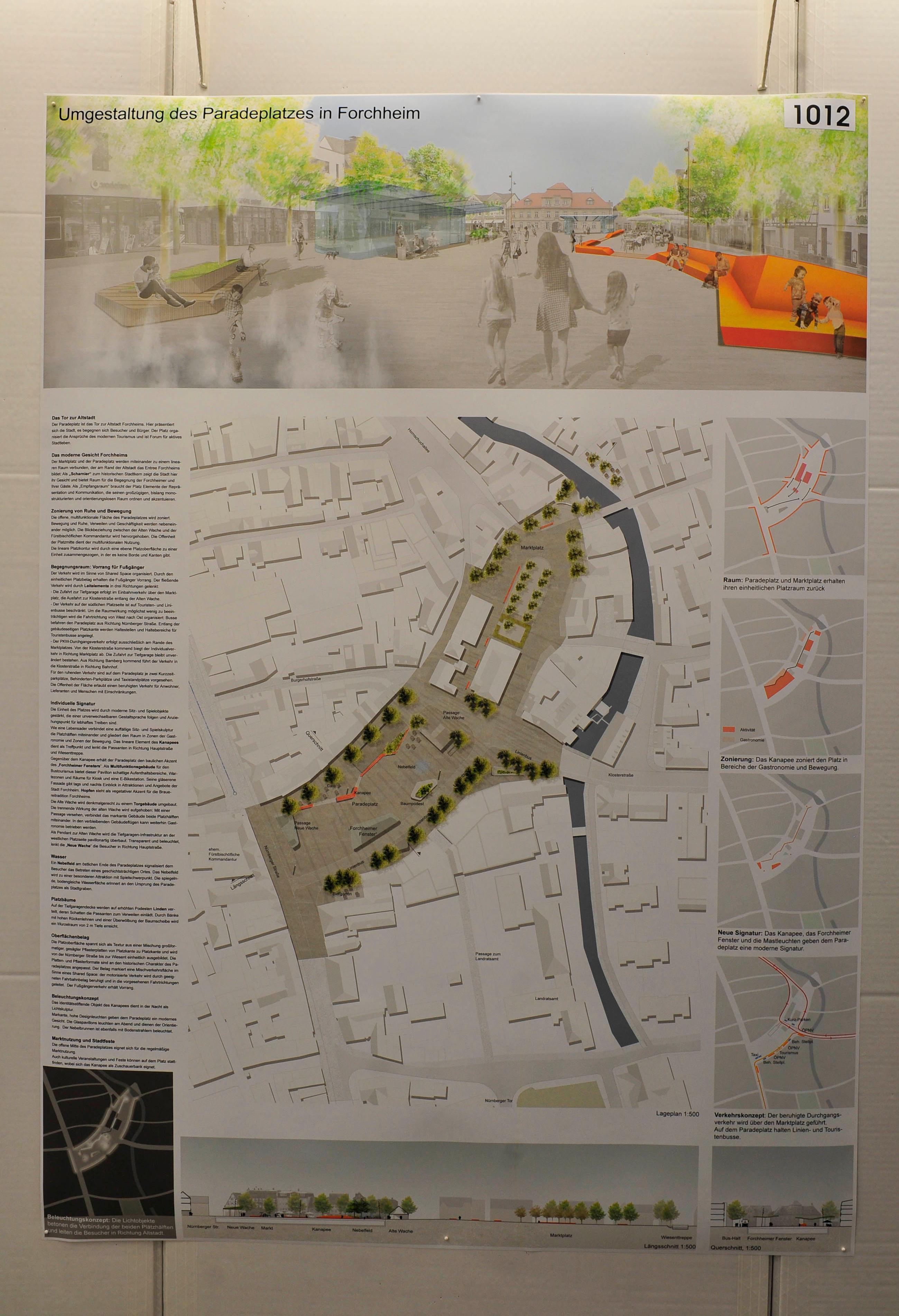 Dieser Entwurf arbeitet als einziger ohne Bäume, sondern setzt im wahrsten Sinn des Wortes auf Sitzmöbel. Im Norden soll ein so genanntes Rückgrat eine aufwendig gefaltete Bankreihe zum Liegen, Fläzen und Sitzen dem Platz Halt geben. Dazu kommen Sitzinseln aus Holz und ein überdachtes Glaskonstrukt, „Forchheimer Fenster“ genannt. Alle Planer lassen den Verkehr entlang des Paradeplatzes fließen, in diesem Entwurf allerdings wäre die Straße nur für die Öffentlichen Busse frei.