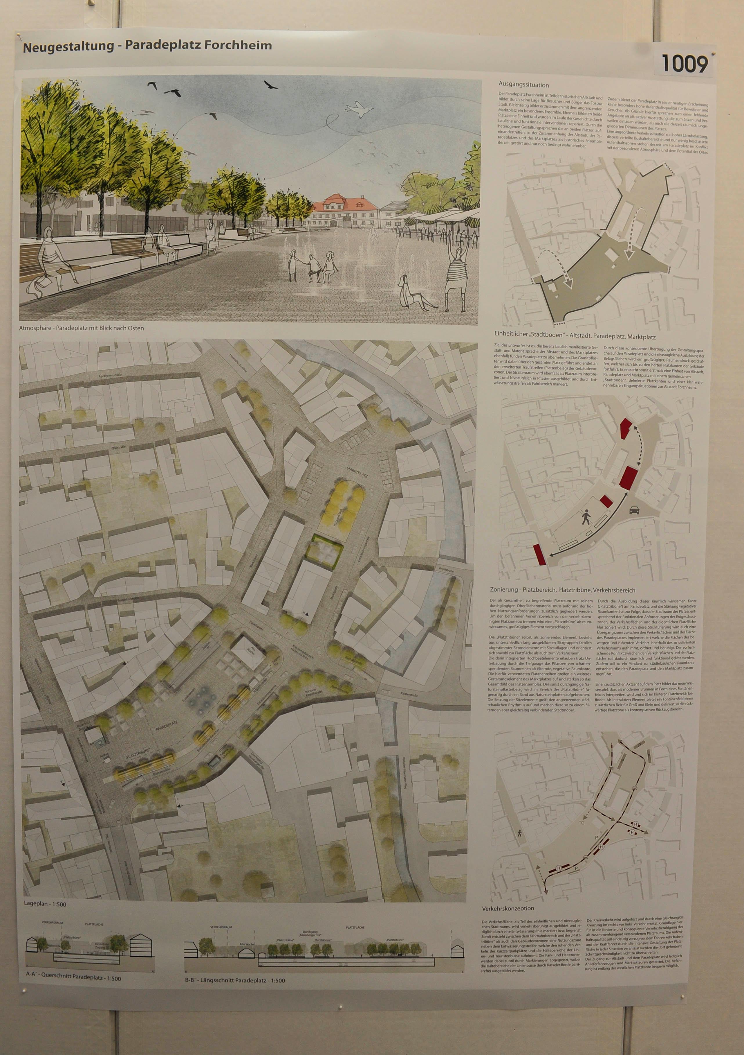 Auch hier wird wie bei Entwurf 1015 mit einer Längsgliederung durch einen zweite Baumreihe (Platanen) gearbeitet. In der Mitte des Platzes sollen Wassersprudler im Sommer für Abwechslung sorgen. Die können, falls eine Veranstaltung stattfindet, abgestellt und die Fläche damit genutzt werden. Den Zugang zur Tiefgarage am Ende der Hauptstraße haben sich ebenfalls einige Architekten vorgenommen. Hier zum Beispiel durch einen Bau, der als Kiosk genutzt werden kann.