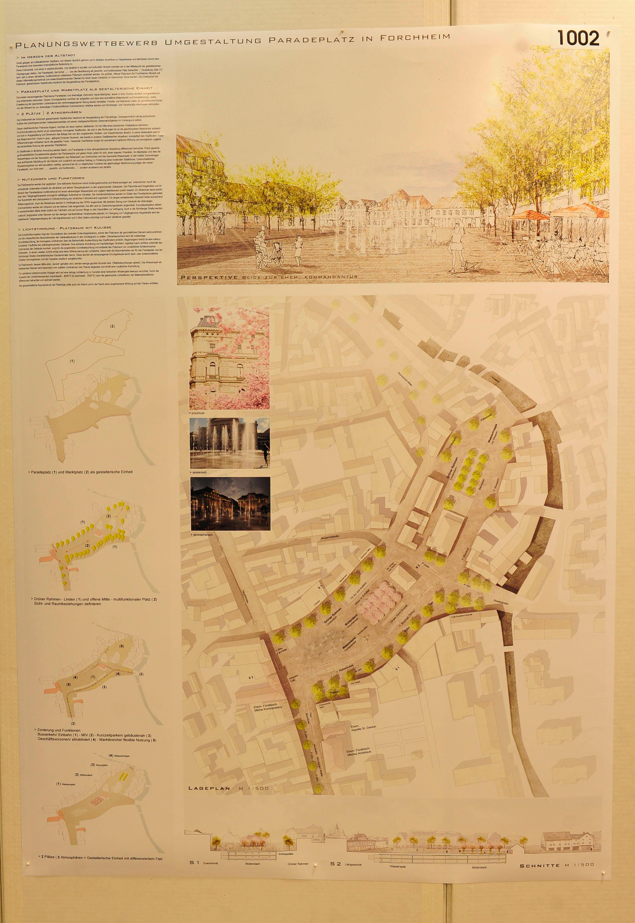 Wenn im Frühjahr die Zierkirschen (15 Bäume) vor der Alten Wache blühen, wird es romantisch in diesem Entwurf, der auch mit Wassersprudlern arbeitet. Die Mariengruppe, die bei allen Entwürfen auf dem Platz bleibt, ist hier Richtung Alte Wache verschoben.