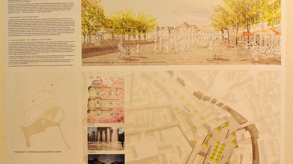 Wenn im Frühjahr die Zierkirschen (15 Bäume) vor der Alten Wache blühen, wird es romantisch in diesem Entwurf, der auch mit Wassersprudlern arbeitet. Die Mariengruppe, die bei allen Entwürfen auf dem Platz bleibt, ist hier Richtung Alte Wache verschoben.