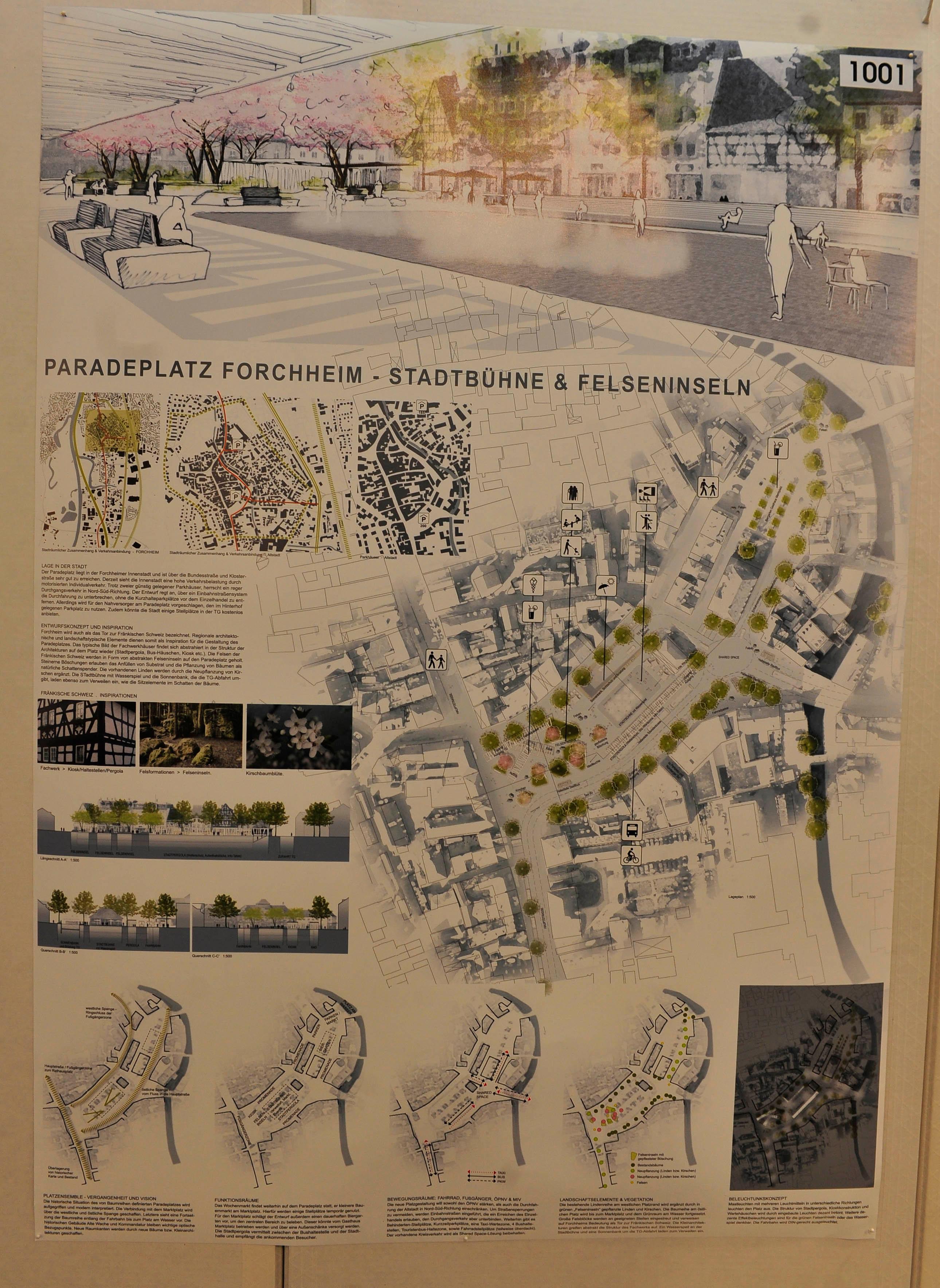 Ein bisschen wild sieht es auf diesem Entwurf aus. Künstliche Felsen sollen an das Kletterparadies Fränkische Schweiz erinnern und in ihrem Innern genug Erde beherbergen, um einen Baum zu pflanzen. Verschieden lange Pergolen mit asymmetrischen Verstrebungen auf dem Dach sorgen für Schutz und Struktur. In der Mitte eine Stadtbühne mit Wassersprudlern. Die Kreuzung an der Alten Wache wird hier zum "shared space" - alle Verkehrsteilnehmer sind gleichberechtigt. Eine Ampel-Kreuzung will im übrigen keiner mehr.