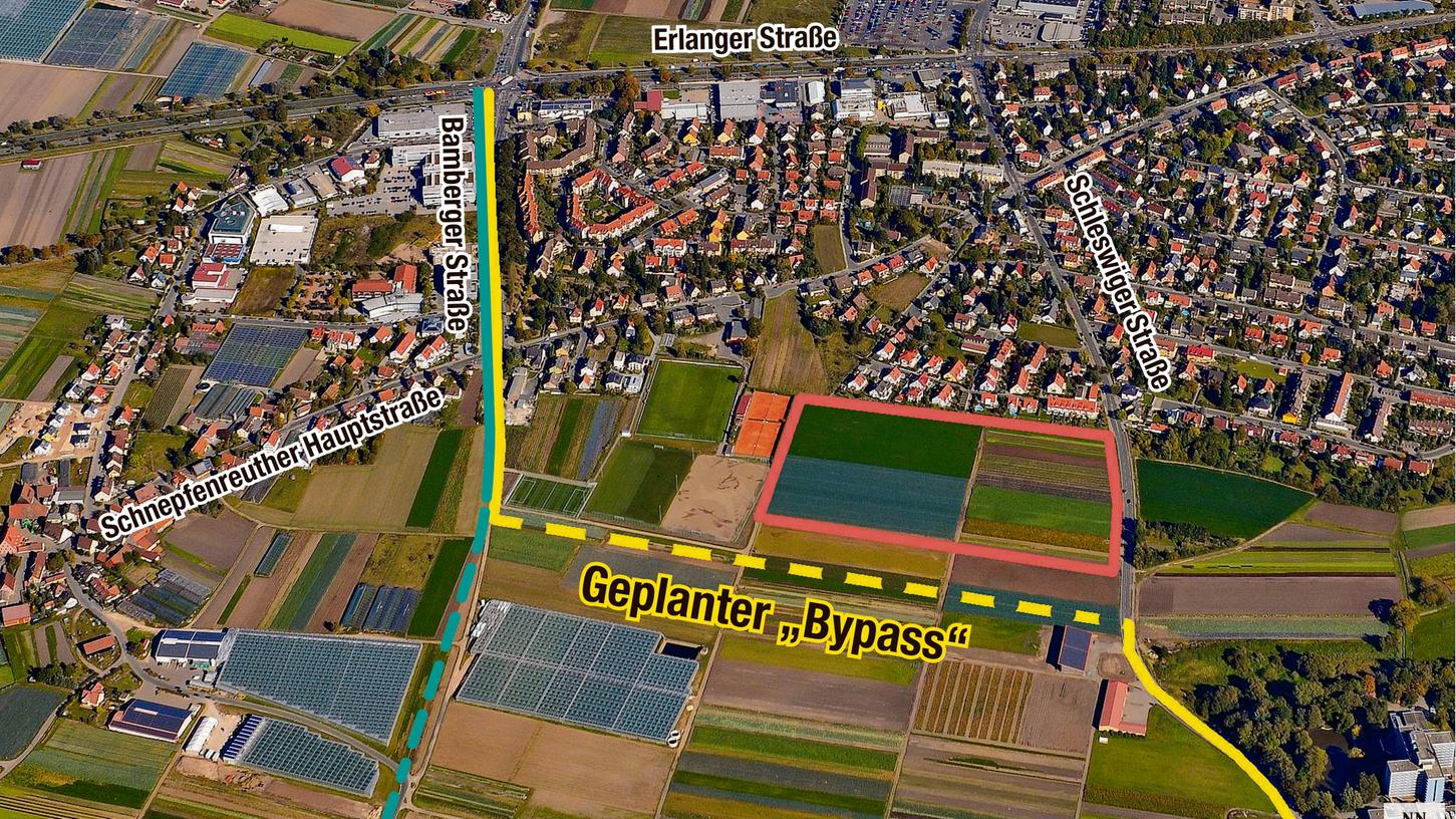 Das städtische Bauamt plädiert für eine Verkehrsberuhigung von Wetzendorf und Schnepfenreuth durch den Bau eines "Bypasses" neben einem geplanten Neubaugebiet (rot markiert) nördlich der Schleswiger Straße (gelb) zur Bamberger Straße (grün). Ein Durchbau der Bamberger Straße wird wegen negativer Folgen für andere Stadtteile im Norden kritisch gesehen.