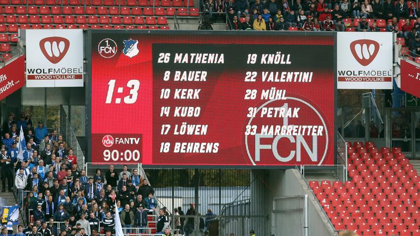 Jetzt hat es den 1. FC Nürnberg auch im eigenen Stadion zum ersten Mal erwischt: Gegen die TSG Hoffenheim setzte es die erste Heimniederlage der Saison. Besonders in der zweiten Halbzeit war der Club chancenlos. Die 1:3-Pleite in Bildern!