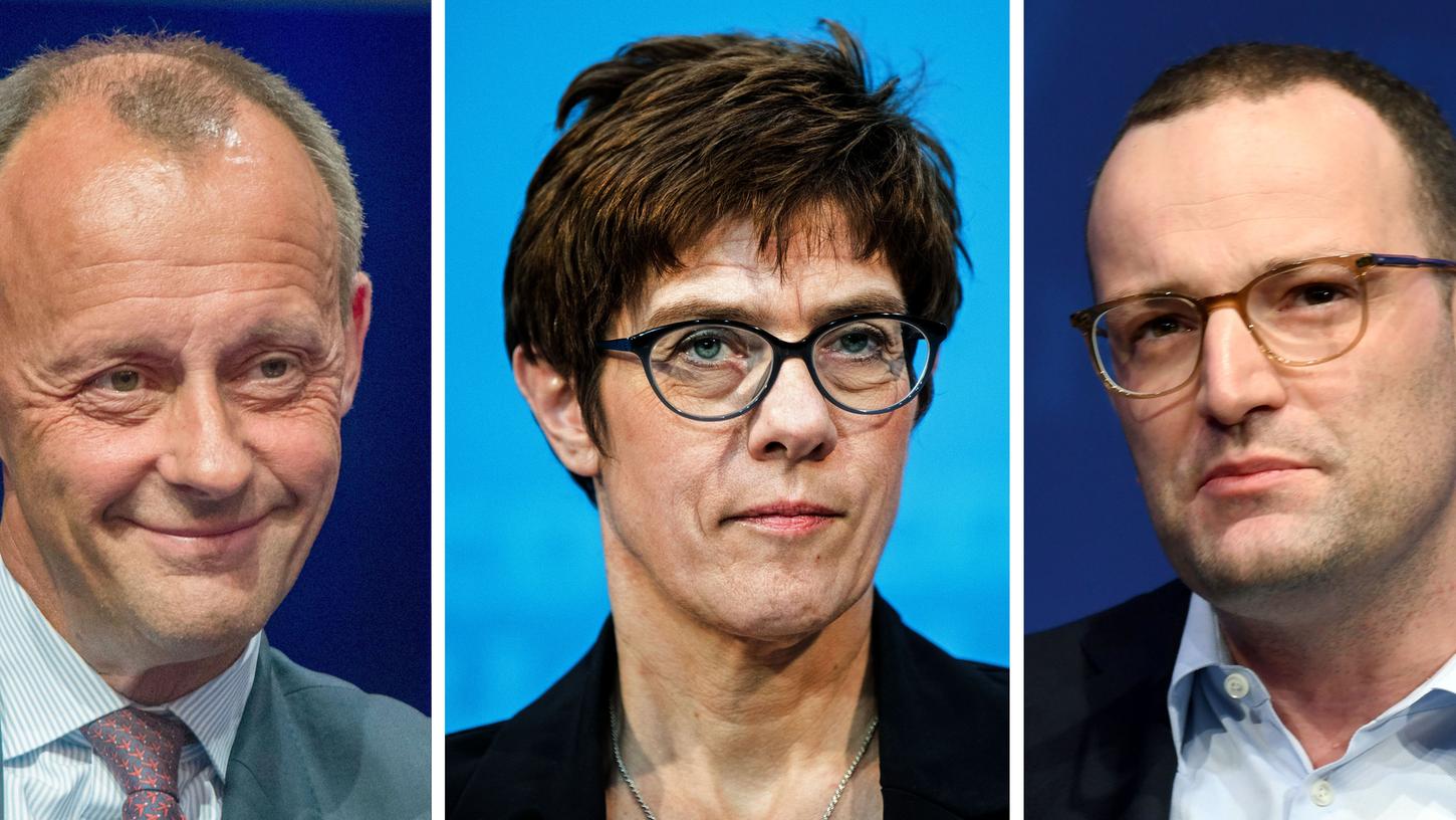 Von links: Friedrich Merz (CDU), Annegret Kramp-Karrenbauer, Generalsekretärin der CDU und Jens Spahn (CDU), Bundesgesundheitsminister haben sich als Kandidaten für den Vorsitz ihrer Partei positioniert.
