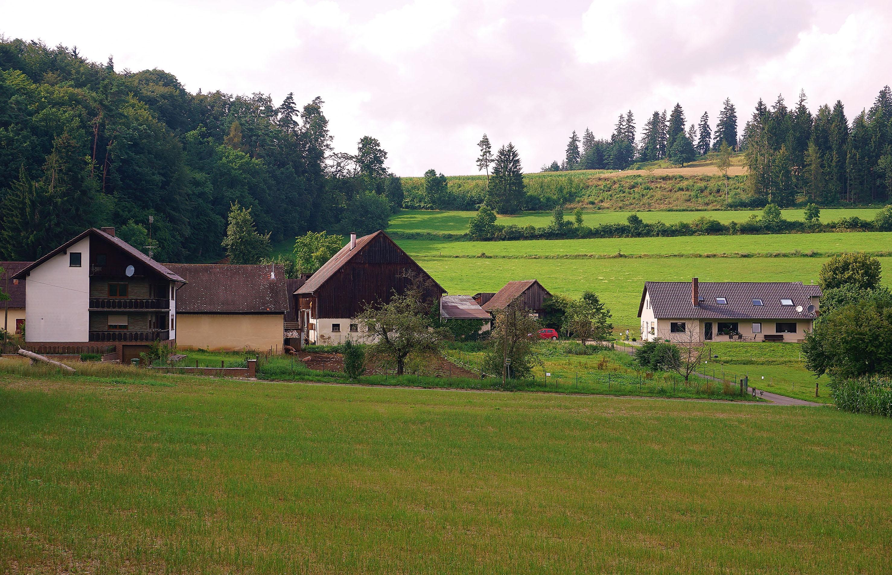 ... hat einen ganz anderen Ursprung: Das Dorf, das am Ende einer Straße in einem Seitenhochtal der Thalach liegt, hat seinen Namen wohl von "Fints-Luch", wobei "Luch" für Wald oder Lohe steht. Und es ist mit Sicherheit eine der kleinsten Siedlungen in unserer Bildergalerie: Stand Januar 2018 zählte der Weiler ganze acht Einwohner.